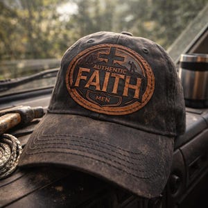Könnte beinhalten: Dunkelgraue Baseballkappe mit einem braunen Lederaufnäher. Der Aufnäher zeigt die Worte "AUTHENTIC FAITH" und ein Kreuzdesign. Der Text "MEN" steht darunter. Die Kappe liegt auf einer dunklen Oberfläche.