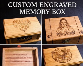 Caja de madera grabada a medida para guardar recuerdos / Caja de recuerdos personalizada con foto, logotipo, nombre o mensaje / Caja de regalo grabada con láser / Tesoro personalizado