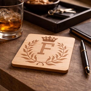 Może przedstawiać: Kwadratowa drewniana podstawka z grawerowanym laserowo wzorem przedstawiającym koronę nad literą "F" otoczoną wieńcem laurowym. Podstawka jest jasnobrązowa i leży na drewnianej powierzchni.