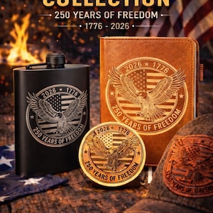 Patriotic Gift Set – Leather Notebook, Hat Patch, Brass Challenge Coin & Engraved Flask, 1776–2026 Freedom Collection, Gift for veteran
