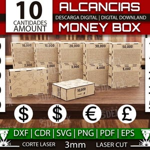 Könnte beinhalten: Eine Sammlung von lasergeschnittenen Sparbüchsen in verschiedenen Größen, mit Beträgen von 1.000 bis 50.000. Die Boxen bestehen aus hellbraunem Material und tragen den Text "Money Box" und "Digital Download". Das Bild enthält auch Währungssymbole.