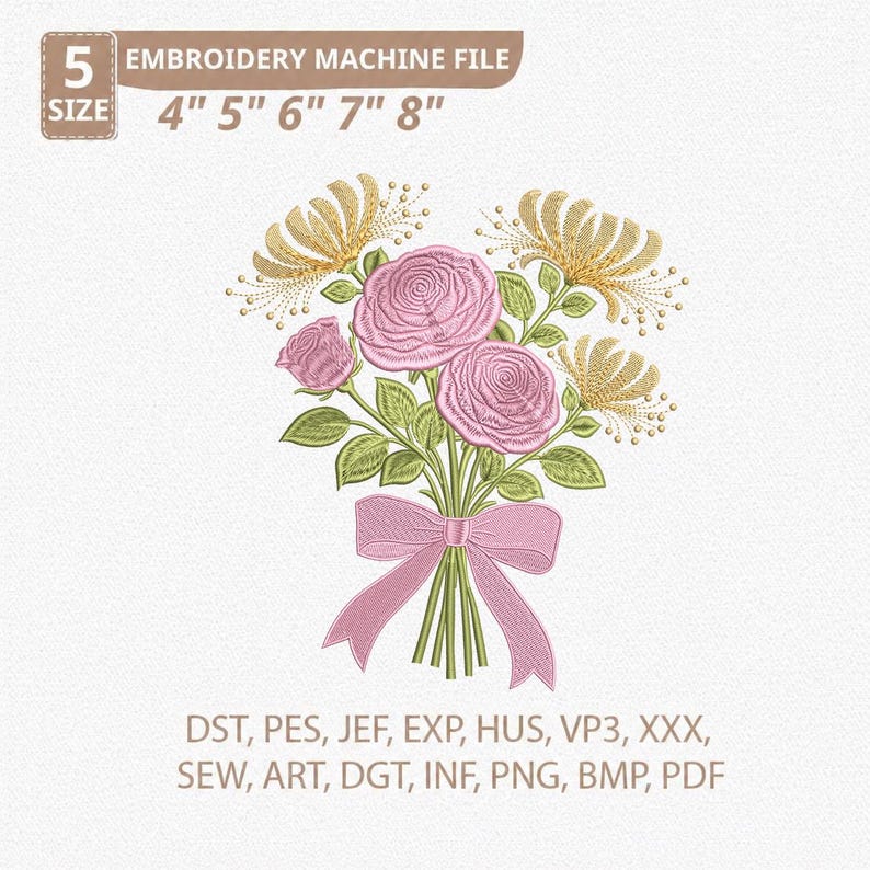 Pink Rose Bouquet Embroidery Design, Elegant Floral Arrangement Machine ...