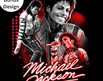Michael Jackson Collage T-Shirt Design | King of Pop Vintage Graphic | Retro Red Neon Style PNG | Sublimation. (Only For Black T shirt)