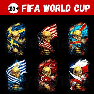 Könnte beinhalten: Sechs künstlerische Designs mit der FIFA-Weltpokal-Trophäe. Jede Trophäe ist mit einer Nationalflagge geschmückt, darunter die Flaggen von Schweden, den Vereinigten Staaten und der Demokratischen Republik Kongo. Der Text "20+ FIFA WORLD CUP" befindet sich oben.