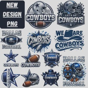 Może przedstawiać: Kolekcja wzorów w stylu Dallas Cowboys w kolorze granatowym, srebrnym i białym. Projekty obejmują kaski do futbolu amerykańskiego, piłki, gwiazdy oraz słowa "Cowboys", "Dallas" i "Football". Niektóre projekty zawierają tekst "Let's Go."