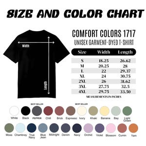 May include: Black unisex garment-dyed t-shirt with a size and color chart. The chart includes measurements in inches for sizes S to 4XL. Color options include white, black, and various other shades.