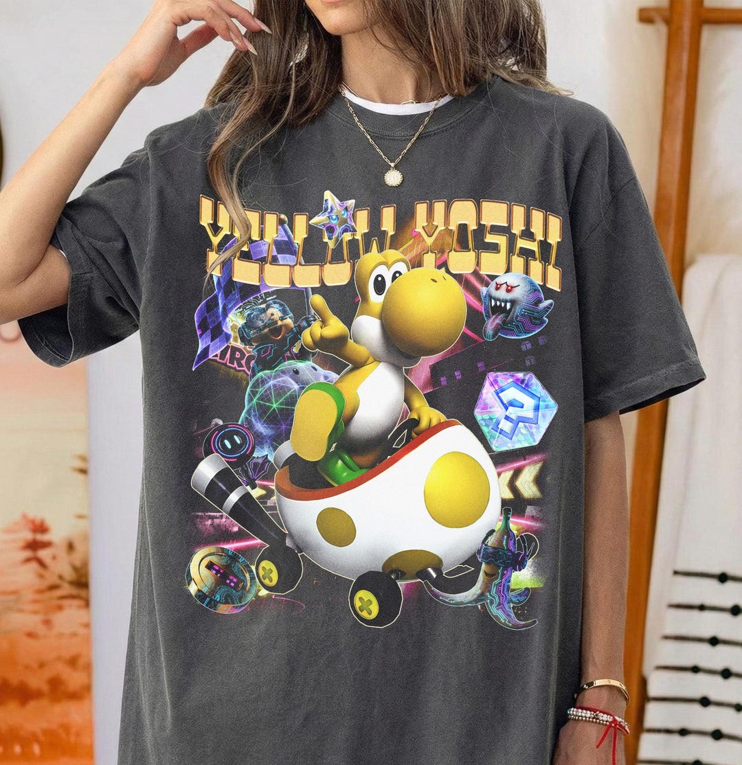 よしー Vintage Yellow Dinosaur Kart Racing T-shirt, Retro Plumber Game
