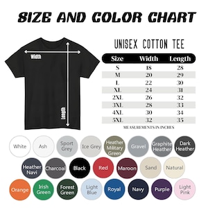 May include: A black unisex cotton tee shirt with a size and color chart. The chart lists sizes S to 5XL with width and length measurements in inches. Color options include white, black, red, and more.