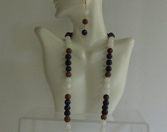 Blue Brown and White Beaded Necklace Set