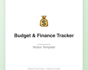 Può includere: Immagine di un prodotto digitale con sfondo bianco e bordo verde. Il testo "Budget & Finance Tracker" è visualizzato in grassetto, blu scuro. Un'emoji di sacco di soldi dorato con un simbolo del dollaro è in alto. Il testo "Notion Template" è sotto.
