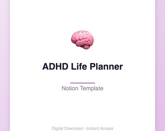 Può includere: Un modello digitale di ADHD Life Planner con una grafica di un cervello rosa. Il titolo "ADHD Life Planner" è in grassetto nero. Sotto c'è "Notion Template". Lo sfondo è bianco con un bordo viola.