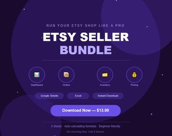 Paquete de hojas de cálculo para vendedores de Etsy / Calculadora de precios de inventario y seguimiento de pedidos / Plantilla de Google Sheets para pequeñas empresas