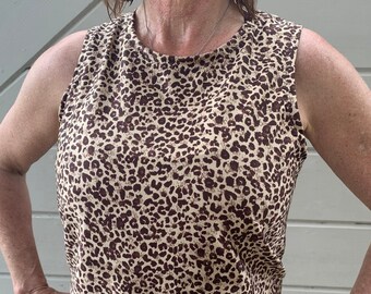 High Neck Tie back Sleeveless Tank Top Chocolate Brown Tan Animal Print