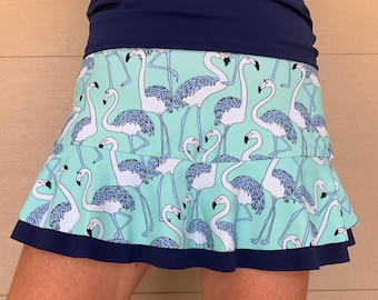 Tennis Pickleball Mint Green Blue Navy Flamingo Animal Print Ruffle Womens Skirt Lucky Dot Designs