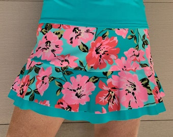 Pickleball Tennis Skirt Lucky Dot Designs Seafoam Green and Coral Pink Floral Print Ruffle Running Skirt Tennis Skort Sports Skirt