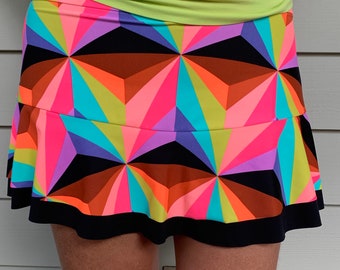 Tennis Running Skirt Lucky Dot Designs Multicolor Neon Geometric  Print Ruffle Tennis Skirt Running Skort