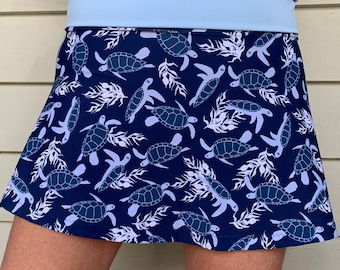 Pickleball Tennis Golf Skort Lucky Dot Designs Navy Light Blue White Turtle Print Running Skort Tennis Skirt