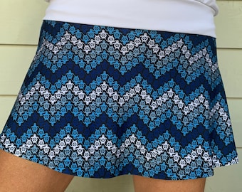 Pickleball Tennis Golf Skort Lucky Dot Designs Blue White Chevron Turtle Print Running Skort Tennis Skirt