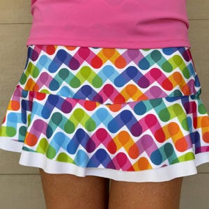 Pickleball Tennis Bright Multicolor Chevron Print Ruffle Sports Skort Lucky Dot Designs