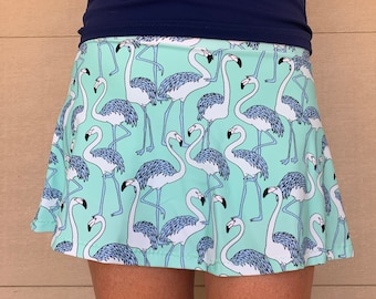 Athletic Pickleball Tennis Golf Mint Green Navy Flamingo Animal Print Running Exercise Skort Tennis Skirt Lucky Dot Designs