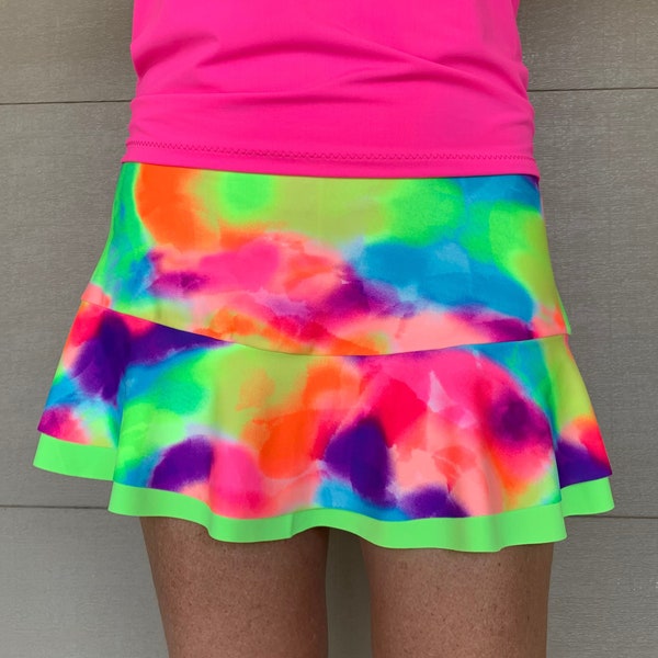 Tennis Pickleball Golf Running Skort Bright Neon Tie Dye Ruffle Tennis Skort Sports Skirt Lucky Dot Designs