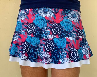 Pickleball Running Tennis Skort Navy Pink Turquoise Floral Print Ruffle Running Skirt Tennis Skort Sports Skirt