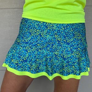 Pickleball Tennis Neon Yellow Blue Print Ruffle Sports Skort Lucky Dot Designs