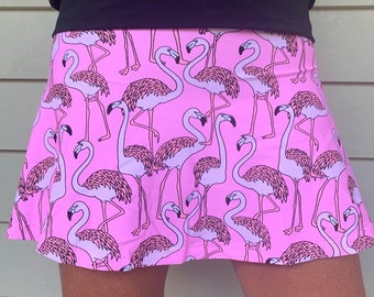 Athletic Skort Pink Black Flamingo Animal Print Running Exercise Skort Tennis Skirt Lucky Dot Designs