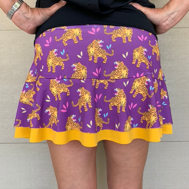 SALE Small Gold Purple LSU Tiger Animal Print Lycra Spandex Ruffle Running Skirt Tennis Skort Sports Skirt