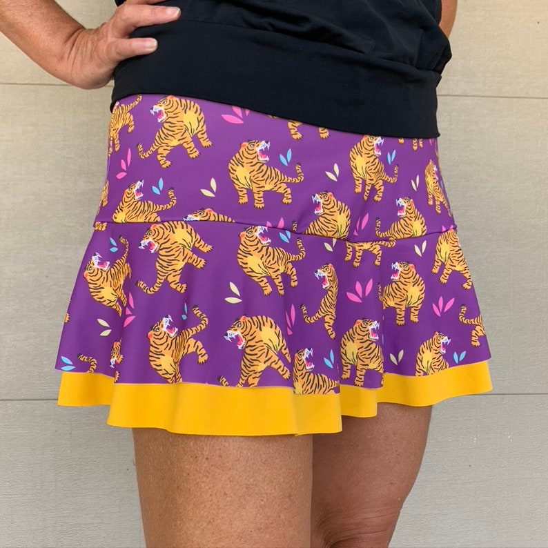 SALE Small Gold Purple LSU Tiger Animal Print Lycra Spandex Ruffle Running Skirt Tennis Skort Sports Skirt