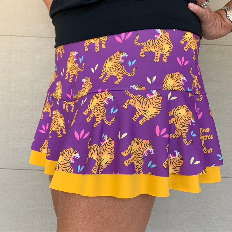 SALE Small Gold Purple LSU Tiger Animal Print Lycra Spandex Ruffle Running Skirt Tennis Skort Sports Skirt