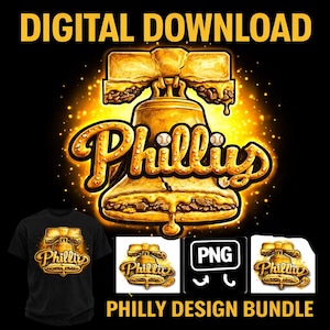 Op de afbeelding: Digitale download graphic met een gouden Liberty Bell-ontwerp met het woord "Phillies" in een gestileerd lettertype. De afbeelding bevat een t-shirt mockup en PNG-bestanden, allemaal op een zwarte achtergrond. Tekst luidt "Philly Design Bundle."