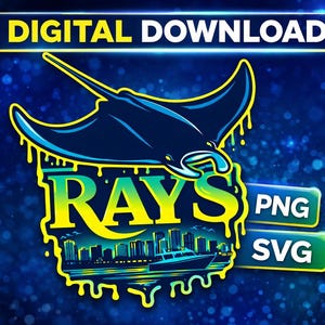 May include: Digital download graphic featuring a stylized manta ray in dark blue and yellow. The word "RAYS" is in yellow and green, with a cityscape and boat below. Includes "PNG" and "SVG" file formats.