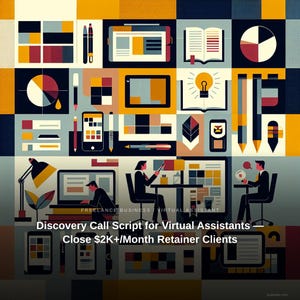Può includere: Illustrazione astratta con una griglia di quadrati colorati e icone aziendali. L'immagine include un laptop, un tablet, uno smartphone, penne e grafici. Il testo in basso recita "Discovery Call Script for Virtual Assistants".