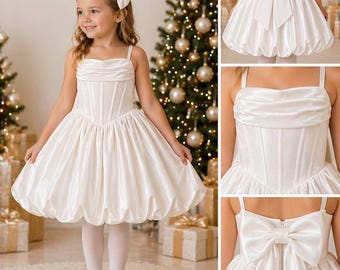 Ivoor fluwelen bloemenmeisjesjurk – Elegante kerstjurk voor meisjes, handgemaakte feestjurk, luxe kinderoutfit