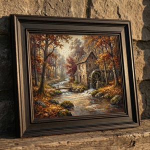 May include: A framed landscape painting depicting a stone water mill beside a flowing stream in an autumn forest. The scene features orange and yellow foliage, a small wooden bridge, and a large water wheel. The artwork is encased in a dark frame.