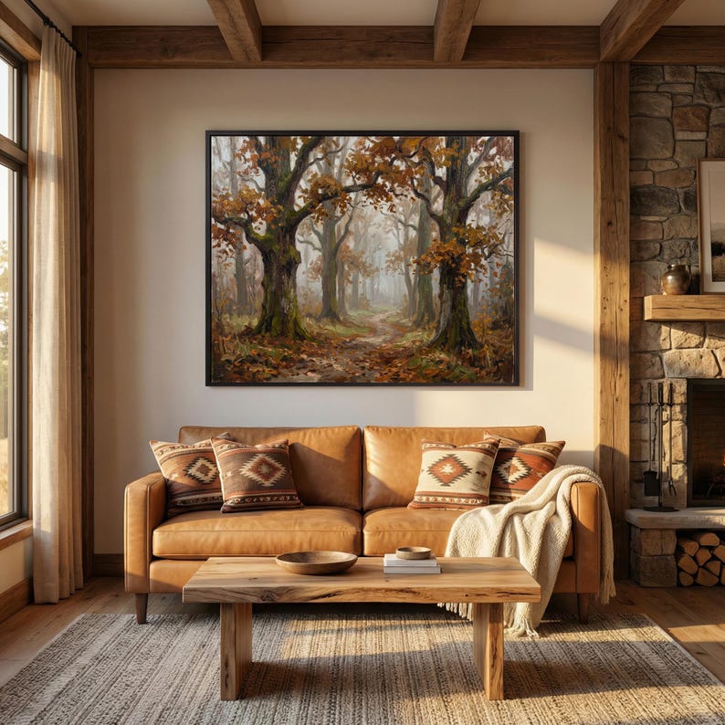 Puede incluir: Un cuadro rectangular enmarcado que representa una escena forestal con &aacute;rboles grandes, follaje oto&ntilde;al en tonos naranja y marr&oacute;n, y un sendero que se pierde en la distancia, exhibido en un marco negro sobre un sof&aacute; de cuero color canela.