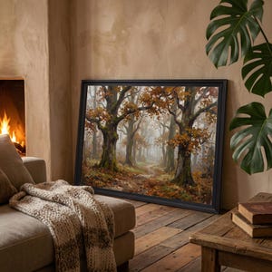 Cuadro decorativo de un sendero otoñal en un bosque con niebla, paisaje boscoso vintage sobre lienzo, pintura de robles otoñales. imagen 6