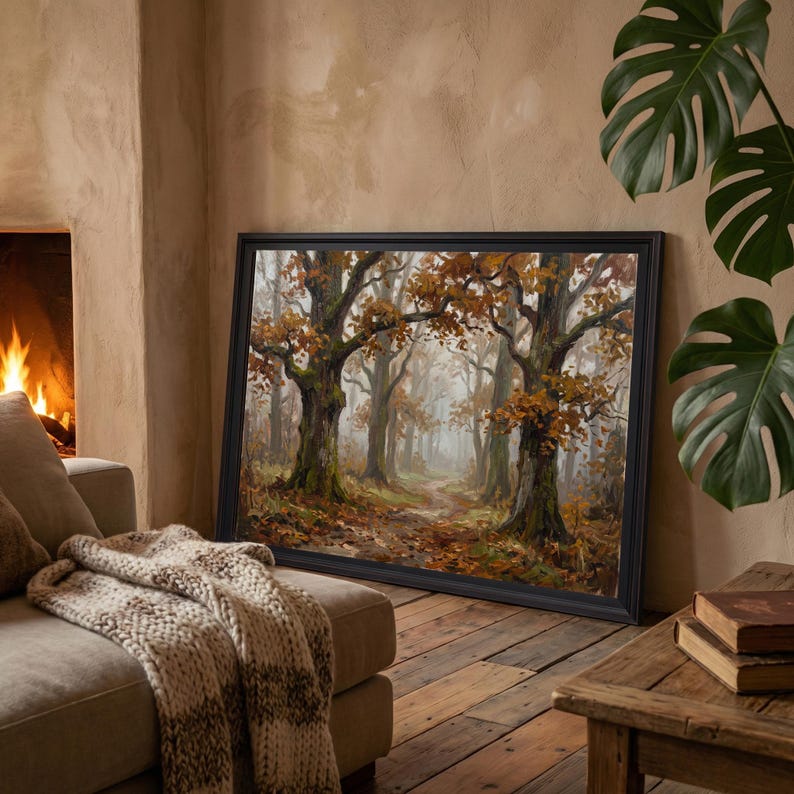 Cuadro decorativo de un sendero otoñal en un bosque con niebla, paisaje boscoso vintage sobre lienzo, pintura de robles otoñales. imagen 6