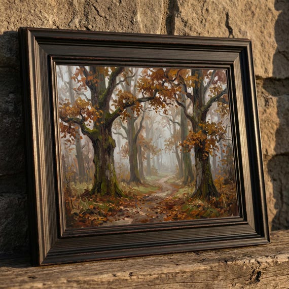Foggy Autumn Forest Path Wall Art, Vintage Woodland Canvas Landscape, Fall Oak Trees Painting