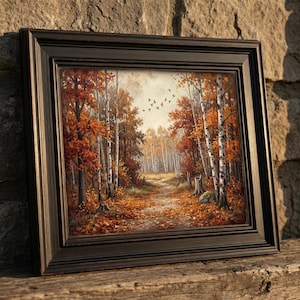 Vintage Birch Forest Canvas Art, Autumn Woodland Path Painting, Flying Birds Nature Decor