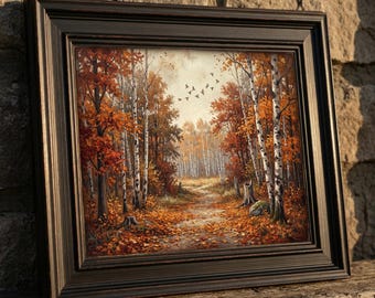Cuadro de bosque de abedules vintage, pintura de sendero otoñal en el bosque, decoración de naturaleza con pájaros volando
