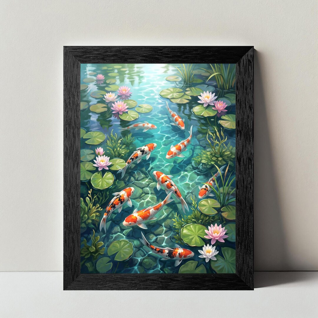 Koi Fish Pond Wall Art Print – Vibrant Water Lilies, Zen Japanese ...
