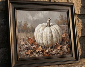 Lienzo con estampado de calabaza blanca texturizada, arte de pared rústico otoñal, decoración neutra de estilo granja.