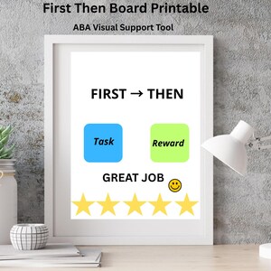 May include: A framed "First Then Board Printable" with the text "FIRST → THEN", "Task", "Reward", "GREAT JOB", and yellow stars. The board is a visual support tool for ABA. A white desk lamp and a plant in a jar are also visible.
