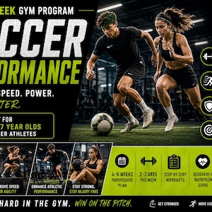 May include: A fitness program advertisement with the words "Soccer Performance" and images of soccer players. The program is designed for 12-17 year olds and promises to build strength, speed, and power. Includes a 4-6 week progressive plan.