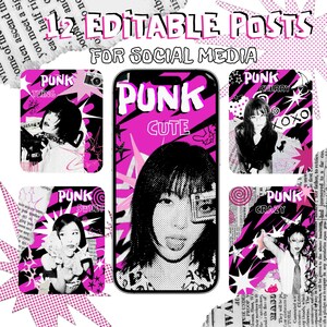 Pink Punk Instagram Templates, Cute Grunge Aesthetic Social Media Posts, Edgy Y2K Theme Feed Pack, Editable Canva Graphic Design Templates