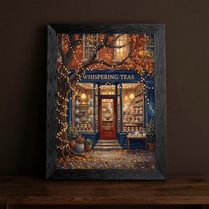 May include: A framed wall art print depicting a storefront named Whispering Teas with a blue facade, a red door, and shelves filled with teapots. A large tree with golden autumn leaves and string lights stands to the left, with fallen leaves on the ground.