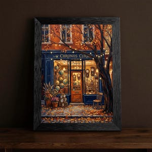 May include: A framed wall art print depicting a storefront named Chronos Curios with a dark blue facade, large glass windows filled with globes and clocks, a wooden door, a tree with orange autumn leaves, string lights, and fallen leaves.