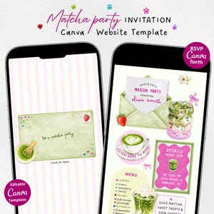Puede incluir: Una plantilla de sitio web de invitación para una fiesta de Matcha en Canva mostrada en dos teléfonos inteligentes. Las pantallas presentan sobres verdes, té matcha, fresas y detalles rosas con texto como "Matcha party" y "RSVP".